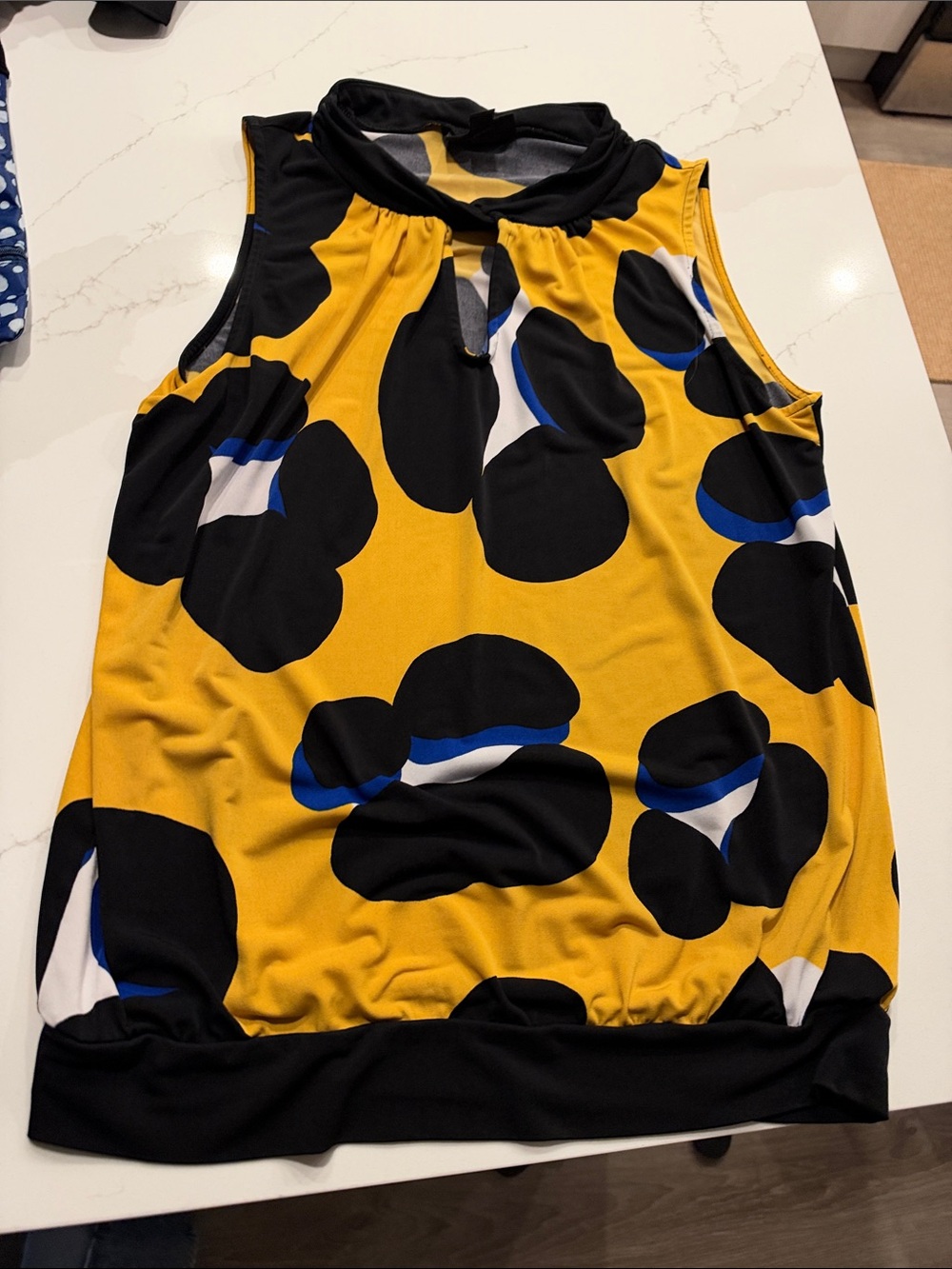 Sleeveless Keyhole Tank Top - Yellow Black Floral Print blouse